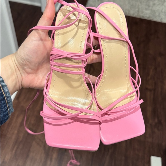 Shoes - Powder Baby Pink Square Toe Wrap String Heels